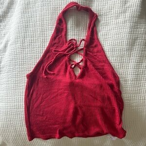 Red cropped halter top with tie front ribbed material